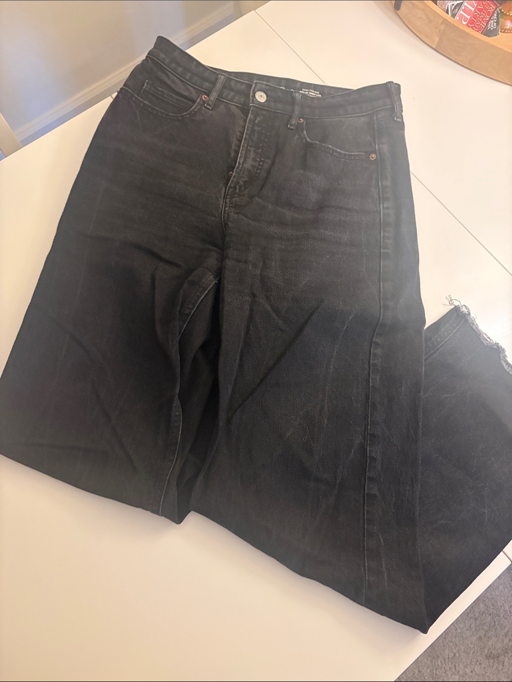 Old Navy Black Extra High Rise Sky Hi Wide Leg Jeans with raw hem